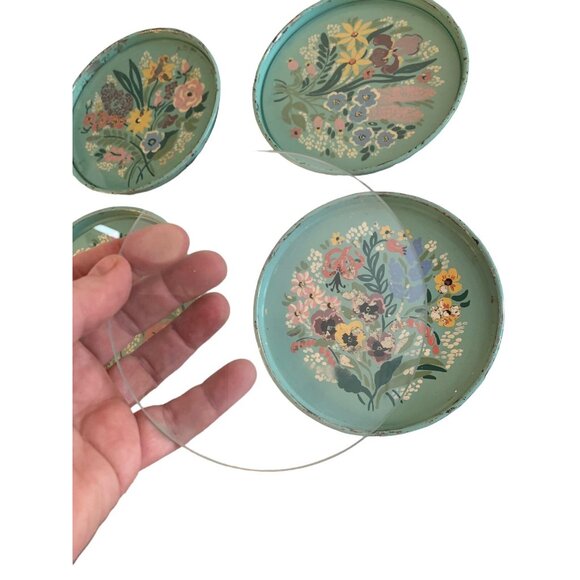 4 Vintage Hand Painted Toleware Robins Egg Blue Floral COASTER SET Metal w Glass - Picture 3 of 8
